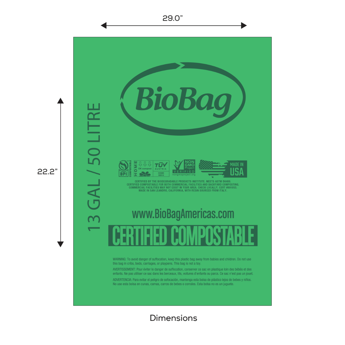 Biobag 13-gallon compostable trash bags from Key Compostables, eco-friendly bin liners for kitchen compost waste.