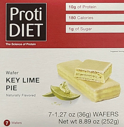 AmBari Nutrition PROTIDIET Wafer Bar with key lime flavor, showing the chocolate-covered wafer with lime filling inside.