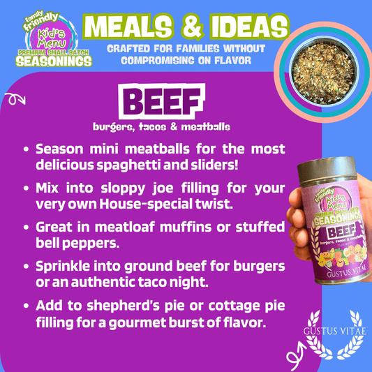 Gustus Vitae Kid’s Menu Beef Seasoning with flavors for burgers, tacos, and meatballs in a colorful packet.