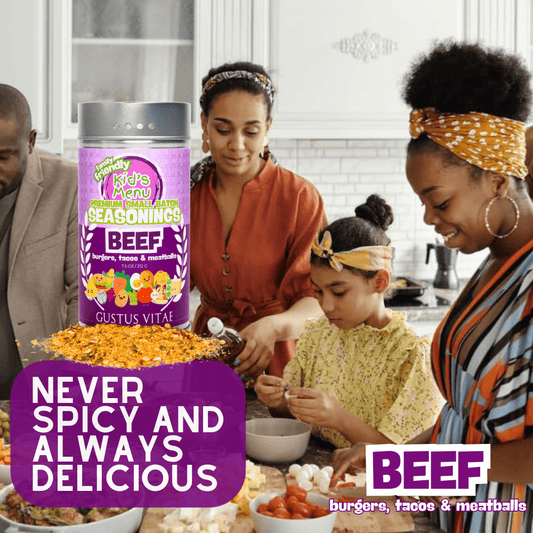 Gustus Vitae Kid’s Menu Beef Seasoning for burgers, tacos, and meatballs, gourmet seasoning blend for kids' meals.
