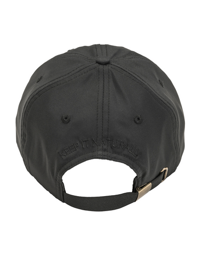 Black waterproof satin-lined dad hat by KINApparel, showing the hat's front view with adjustable strap and satin lining visible inside.