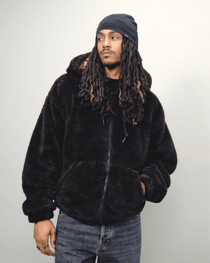Black Kente thick teddy zip-up hoodie by KINApparel with satin lining, soft, warm, and stylish for cold weather.