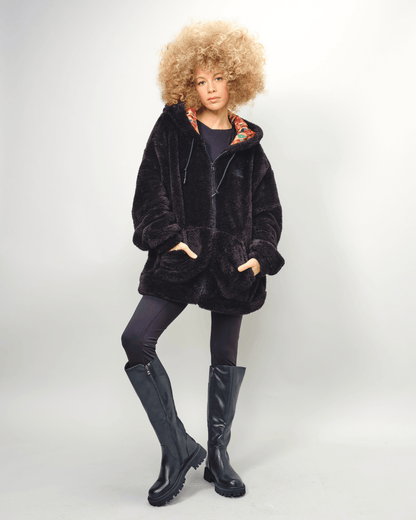 Black Kente thick teddy zip-up hoodie by KINApparel, satin-lined, cozy and warm with a stylish Kente pattern design.
