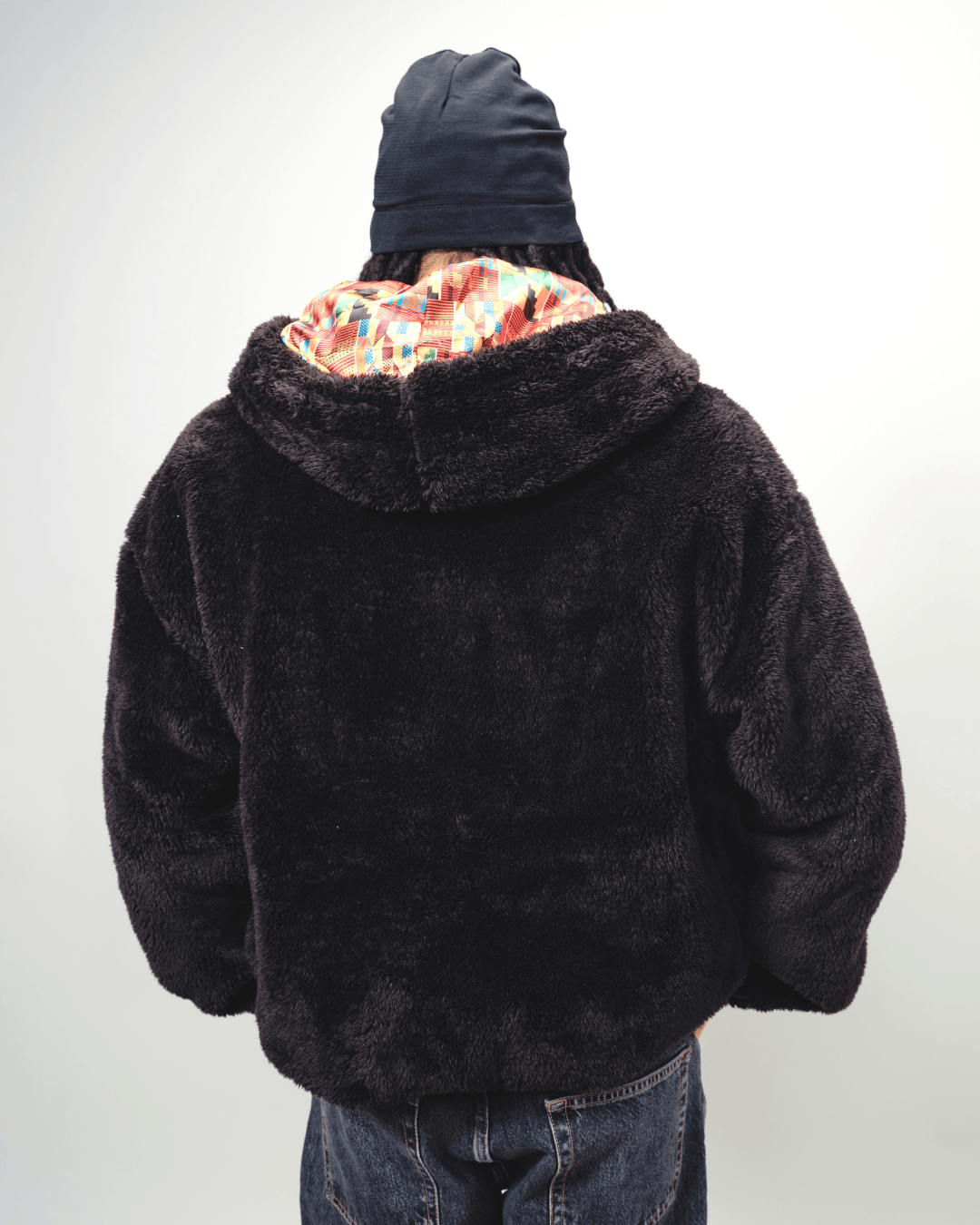 Black Kente thick teddy zip-up hoodie by KINApparel with satin lining, cozy and stylish for cold weather.