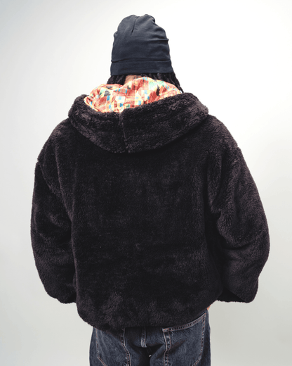 Black Kente thick teddy zip-up hoodie by KINApparel with satin lining, cozy and stylish for cold weather.