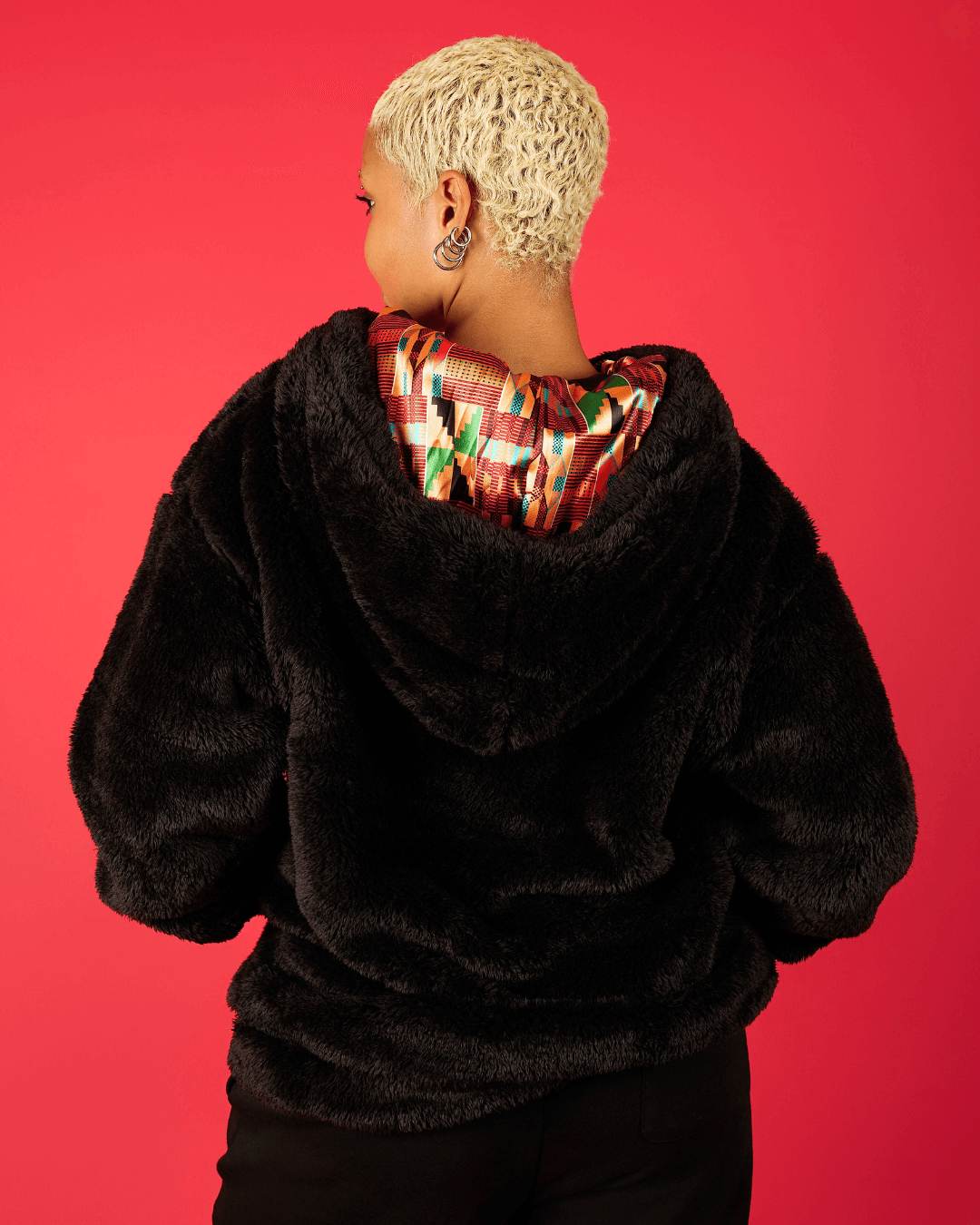 Black Kente thick teddy zip-up hoodie by KINApparel with satin lining, cozy and stylish for cold weather.