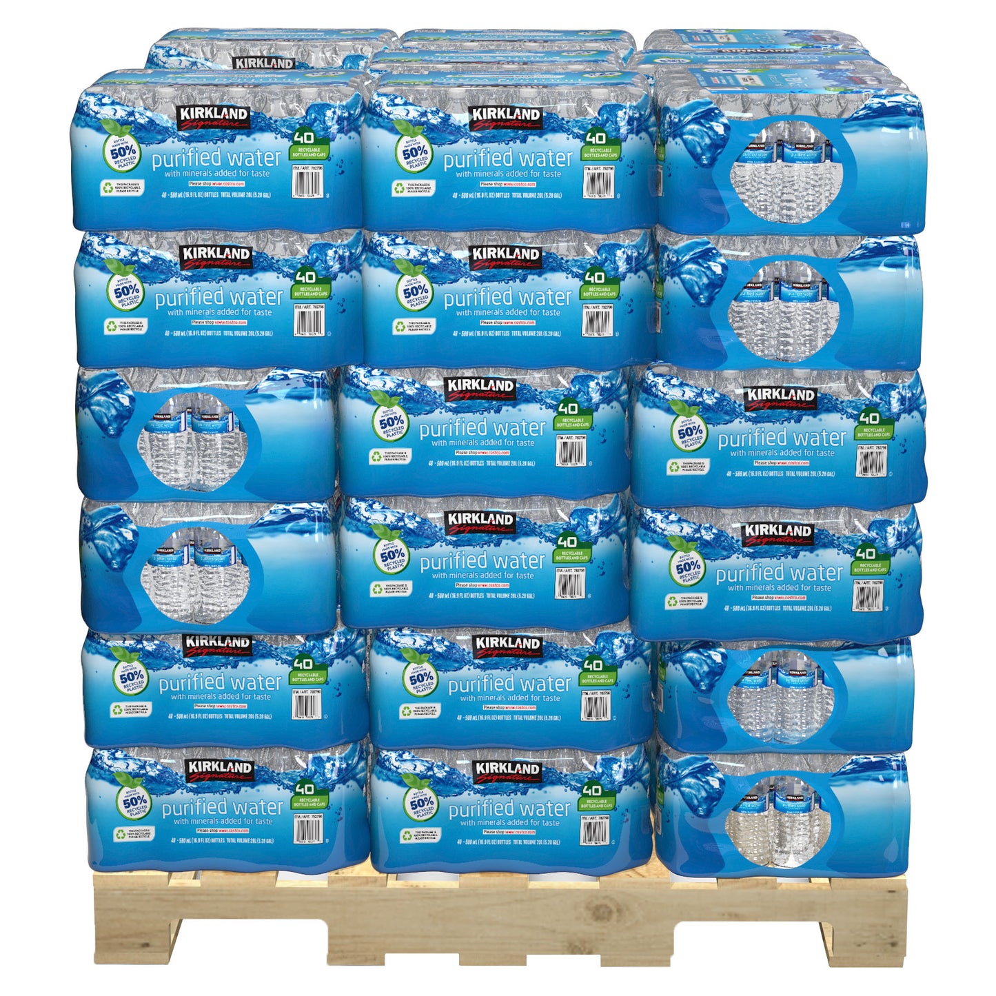 Kirkland Signature bottled water 16.9 fl oz, 40-pack, stacked on a 48-case pallet for bulk storage and distribution
