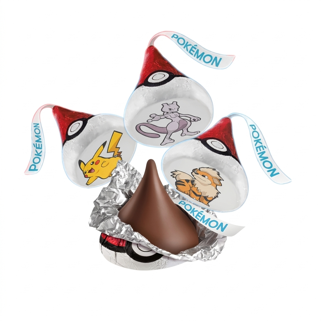 Hershey's Kisses Milk Chocolate with Pokemon character design in a bulk Candy In Bulk bag, featuring colorful packaging and chocolate kisses.