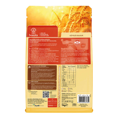 S101 Hasata Fine Bulgur 1kg, traditional Turkish bulgur in a clear bag with Koftelik Antep Bulgur label, ready for cooking.