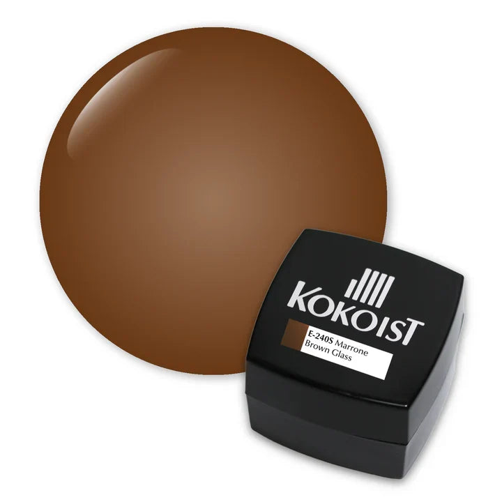 Kokoist E-240S Marrone Brown glass jar with a clear glass body and brown lid, used for nail art supplies.