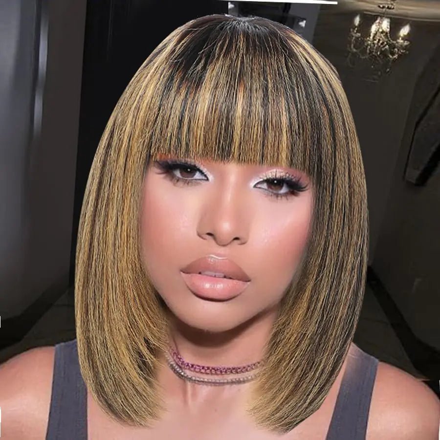 KPROYU Bob Wig With Bangs Human Hair 1B/27 Short Hair Wigs For Black Women Human Hair Glueless 8 Inch Bob Wig Human Hair Glueless 2.5X1 Inch Straight Wigs Human Hair - BACKUPMYFILESNOW
