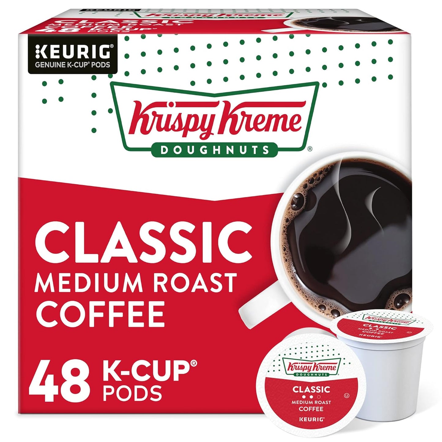 Krispy Kreme Classic Keurig K-Cup pods, 32 count, medium roast coffee, single-serve coffee pods with Krispy Kreme branding.