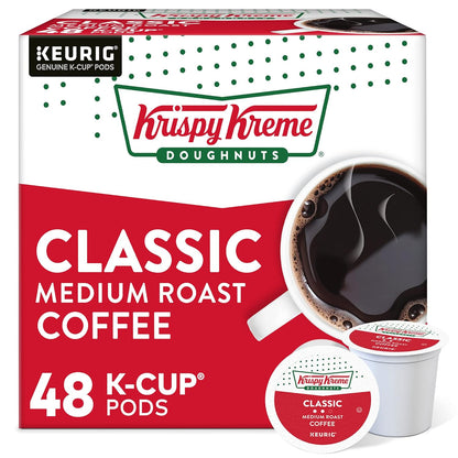 Krispy Kreme Classic Keurig K-Cup pods, 32 count, medium roast coffee, single-serve coffee pods with Krispy Kreme branding.