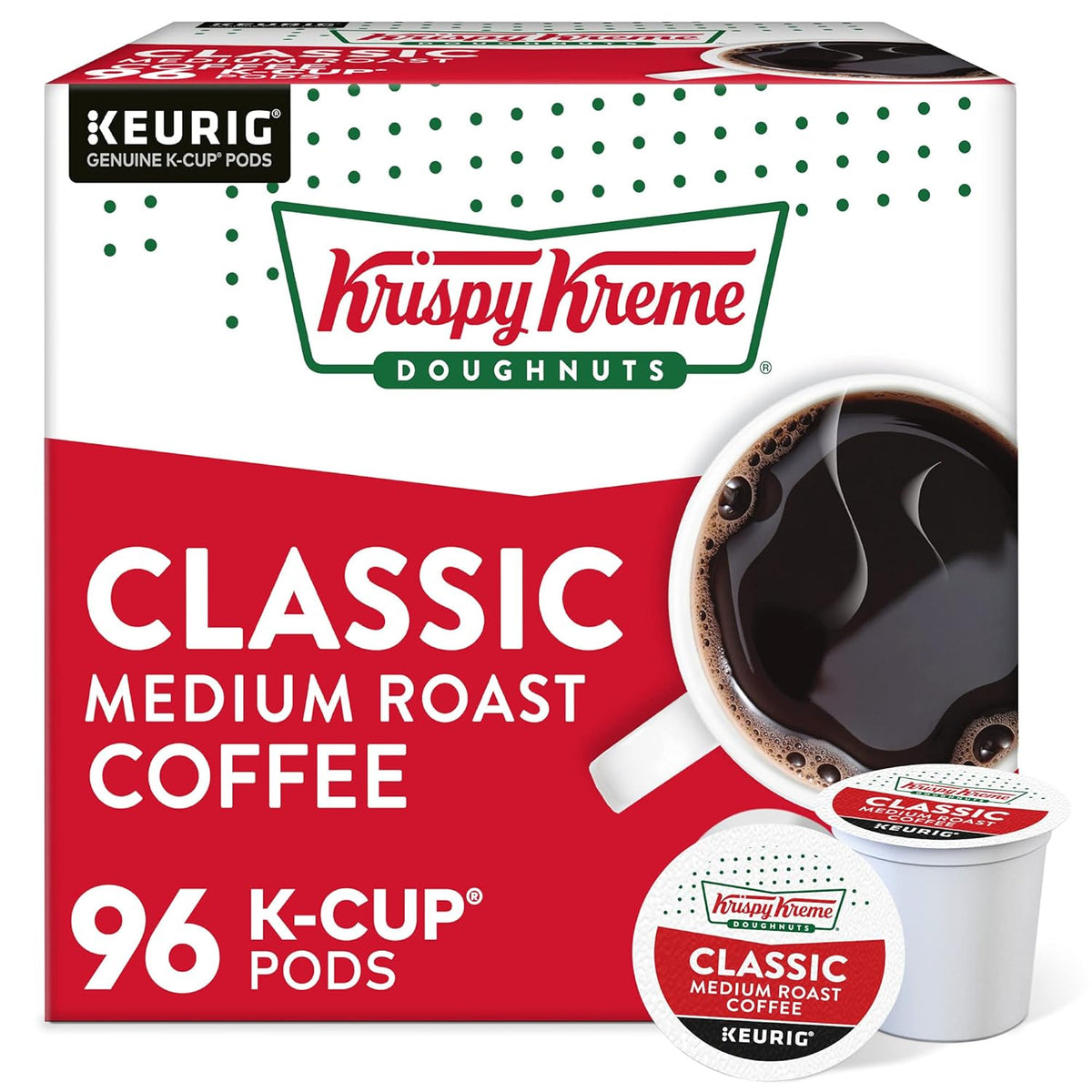 Krispy Kreme Classic single-serve Keurig K-Cup pods, medium roast coffee, 32-count pack, with Krispy Kreme branding on the packaging.