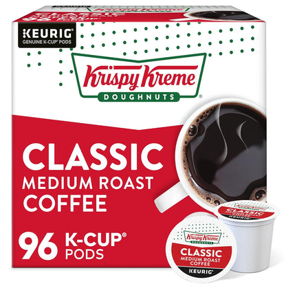 Krispy Kreme Classic single-serve Keurig K-Cup pods, medium roast coffee, 32-count pack, with Krispy Kreme branding on the packaging.