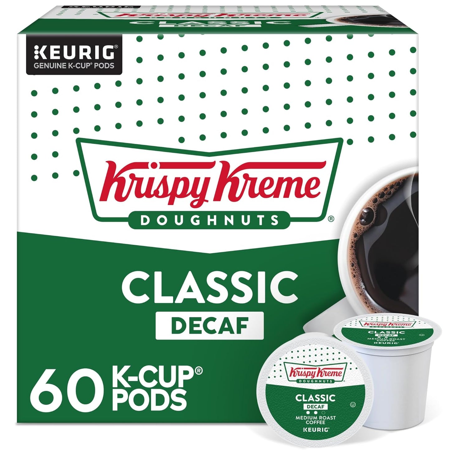 Krispy Kreme Classic single-serve Keurig K-Cup pods, medium roast coffee, 32-count pack for Keurig coffee makers.