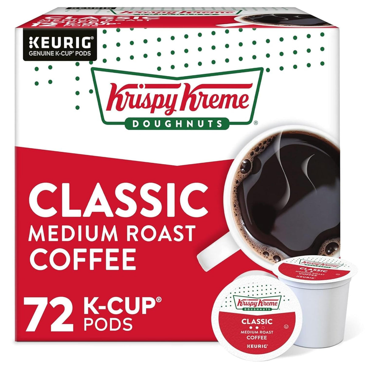 Krispy Kreme Classic single-serve Keurig K-Cup pods with medium roast coffee, 32-count pack, ideal for brewing Krispy Kreme coffee at home.