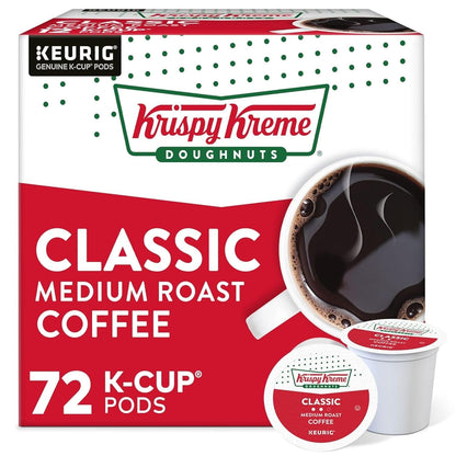 Krispy Kreme Classic single-serve Keurig K-Cup pods with medium roast coffee, 32-count pack, ideal for brewing Krispy Kreme coffee at home.