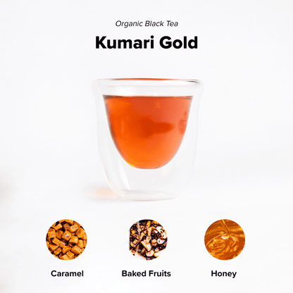 Organic Kumari Gold tea from Nepal Tea showing a box of golden-colored tea leaves and packaging.