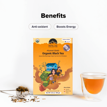 Organic Kumari Gold tea from Nepal Tea displayed in a clear glass cup with a rich golden hue.