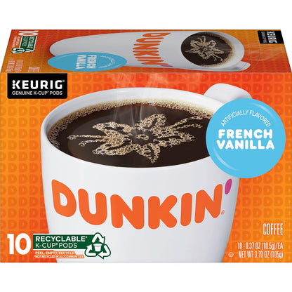 KupofK Coffee Dunkin Donuts French Vanilla K-cups, 10-count, single-serve coffee pods with vanilla flavor.