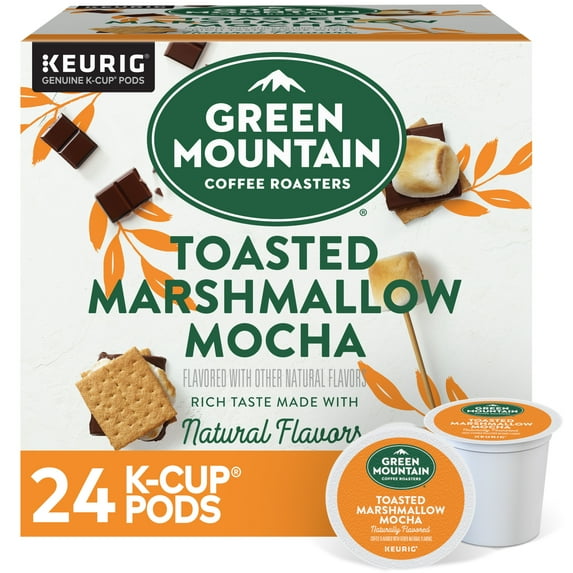 Green Mountain Coffee Toasted Marshmallow Mocha K-cups by KupofK Coffee, showcasing the packaging with 12 coffee capsules.