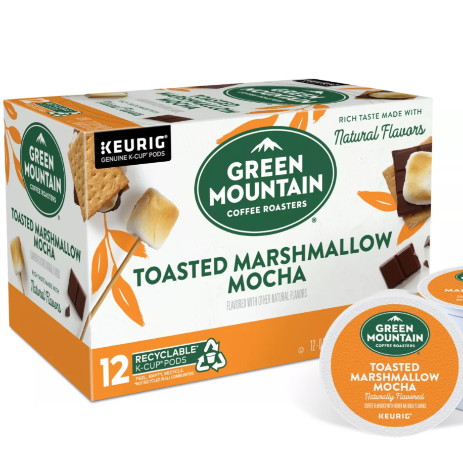 Green Mountain Coffee Toasted Marshmallow Mocha K-cups by KupofK Coffee, showing a box of 12 K-cups with colorful packaging.