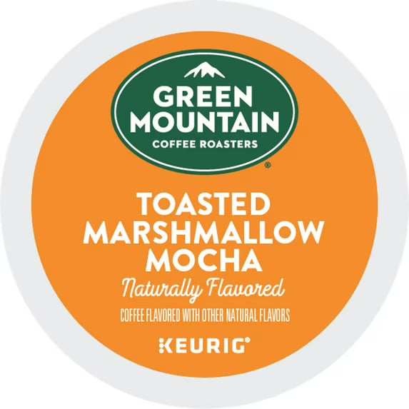 KupofK Coffee Green Mountain Coffee toasted marshmallow mocha K-cups, 12-pack, with vibrant packaging and coffee capsules.
