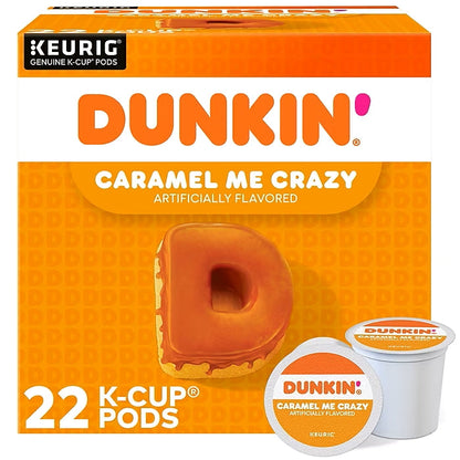 KupofK Coffee Dunkin Caramel Me Crazy K-cups for Keurig, 22-pack, with caramel-flavored coffee pods in a box
