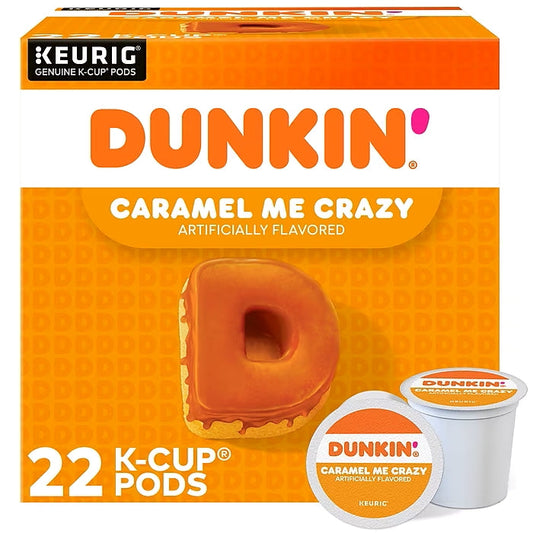 KupofK Coffee Dunkin Caramel Me Crazy K-cups for Keurig, 22-pack, with caramel-flavored coffee pods in a box