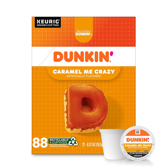 KupofK Coffee Dunkin Caramel Me Crazy K-cups for Keurig, 22 count, featuring caramel-flavored coffee pods.