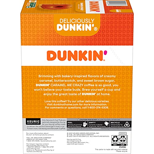 KupofK Coffee Dunkin Caramel Me Crazy K-cups for Keurig brewers, 22 count, with caramel flavor and coffee pods in packaging