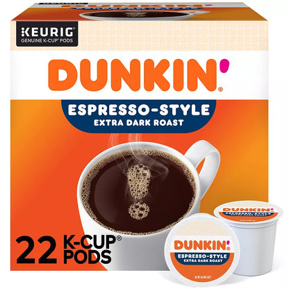 KupofK Coffee Dunkin Espresso Extra Dark Roast coffee capsules in a box, showcasing rich, dark roasted espresso beans.