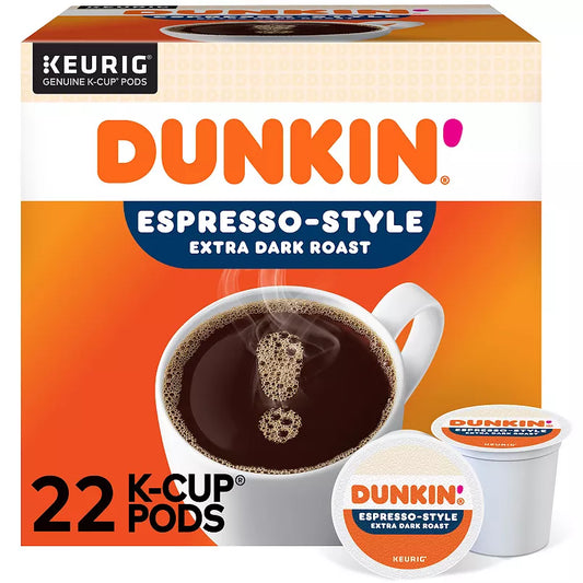 KupofK Coffee Dunkin Espresso Extra Dark Roast coffee capsules in a box, showcasing rich, dark roasted espresso beans.