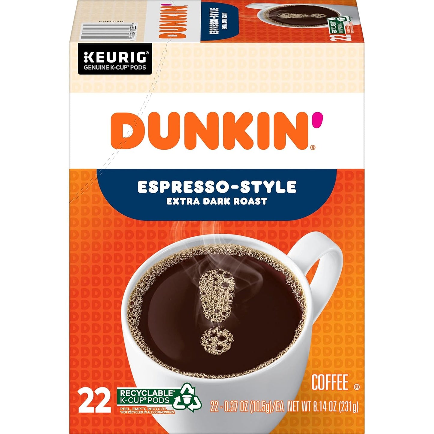 KupofK Coffee Dunkin Espresso Extra Dark Roast coffee pods in a box, showcasing rich, dark roasted coffee for espresso lovers.