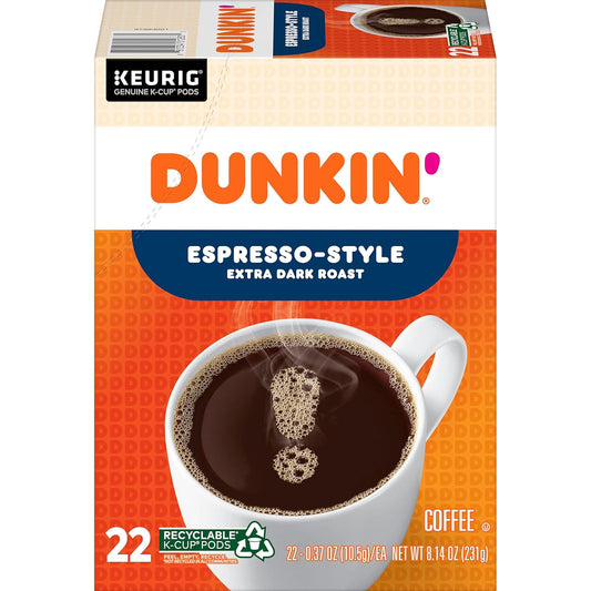 KupofK Coffee Dunkin Espresso Extra Dark Roast coffee pods in a box, showcasing rich, dark roasted coffee for espresso lovers.