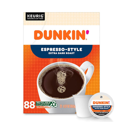 KupofK Coffee Dunkin Espresso Extra Dark Roast coffee pods in a box, showcasing rich, dark roasted espresso flavor.