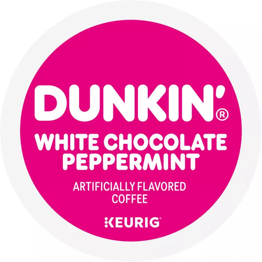 KupofK Coffee Dunkin White Chocolate Peppermint K-cups for Keurig, 22-count, with white chocolate and peppermint flavor capsules.