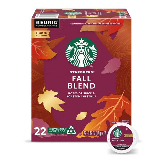 KupofK Coffee Starbucks Fall Blend K-cups, 22 count, with autumn-themed packaging and coffee pods for Keurig brewers