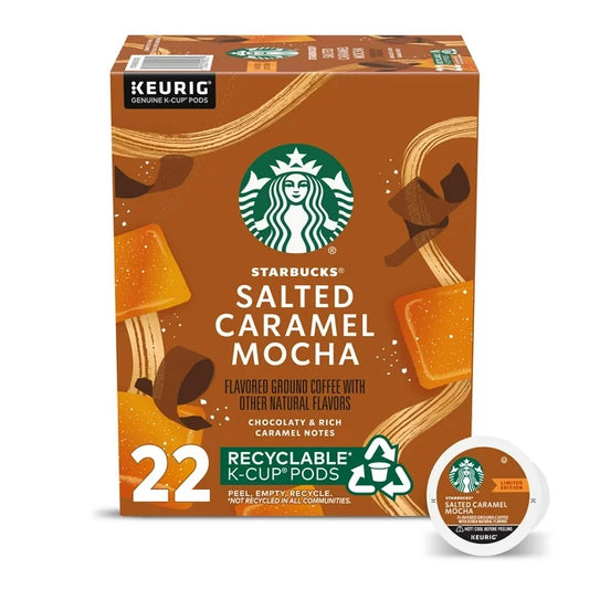 KupofK Coffee Starbucks Salted Caramel Mocha K-cups for Keurig, 22-count box with rich salted caramel and mocha flavor.