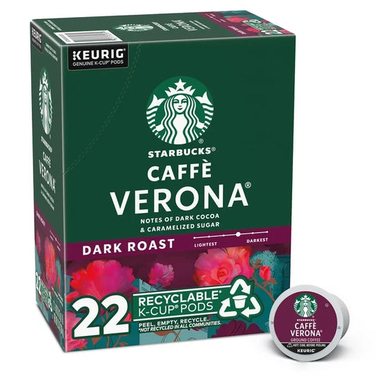 KupofK Coffee Starbucks Verona coffee capsules, 22 count, featuring rich espresso beans and packaging in a sleek, branded container.