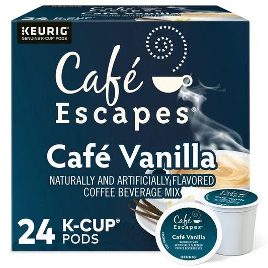 KupofK Coffee Cafe Escapes Cafe Vanilla coffee pods, 24-count box, featuring vanilla-flavored coffee in individual capsules.