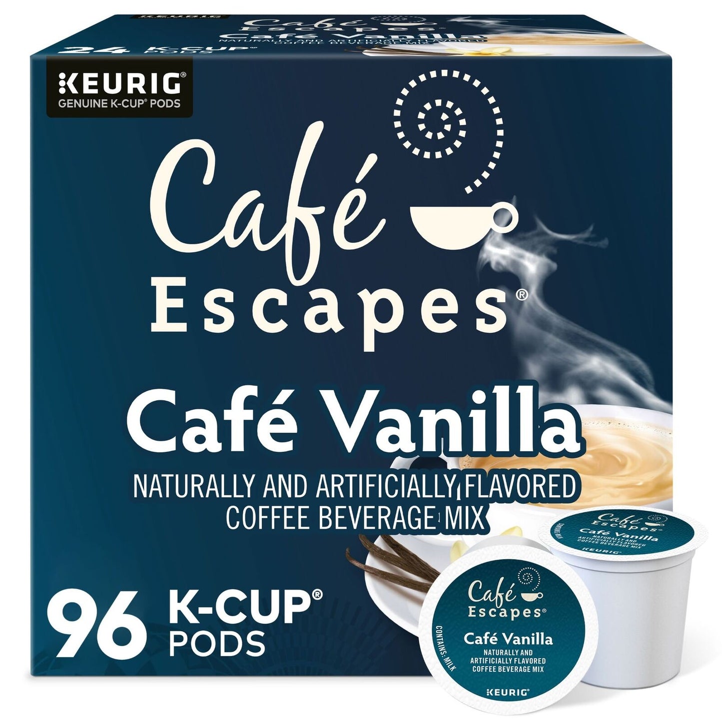 KupofK Coffee Cafe Escapes Cafe Vanilla coffee pods in a box, featuring vanilla-flavored coffee capsules for Keurig brewers