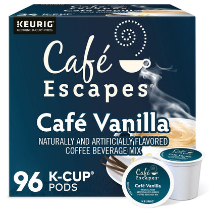 KupofK Coffee Cafe Escapes Cafe Vanilla coffee pods in a box, featuring vanilla-flavored coffee capsules for Keurig brewers