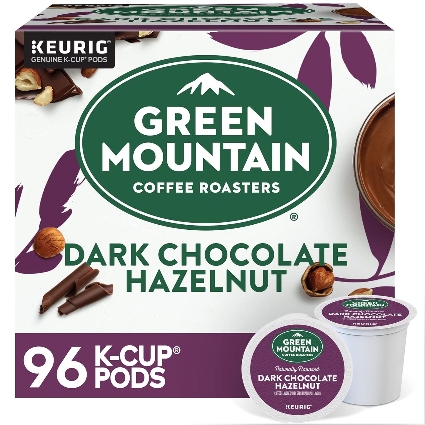 Green Mountain Dark Chocolate Hazelnut coffee capsules by KupofK Coffee, with rich dark chocolate and hazelnut flavor.