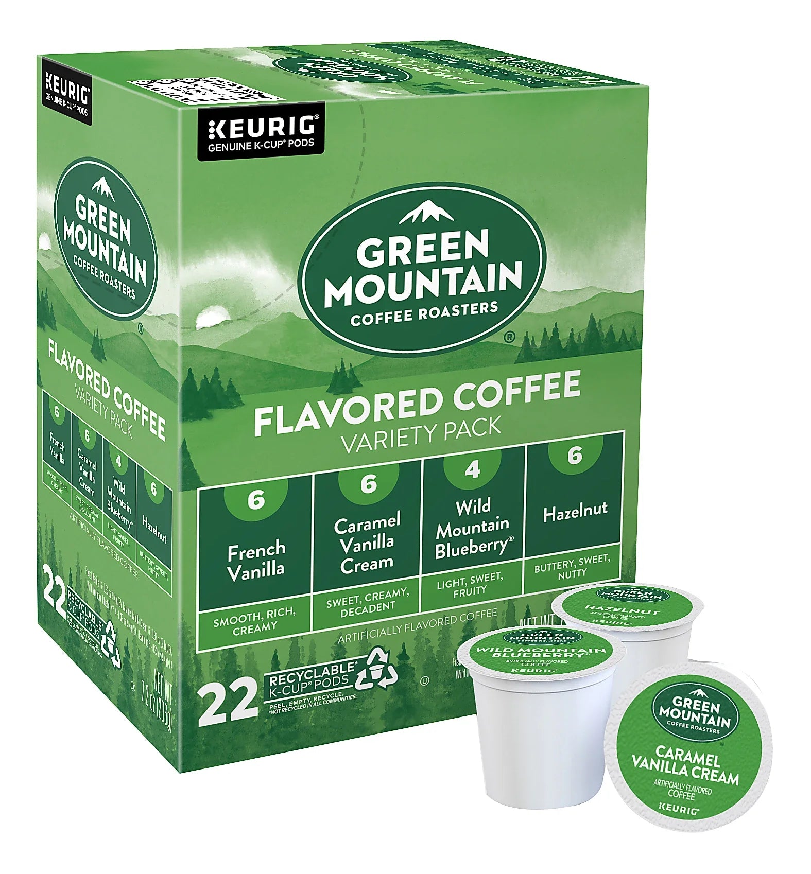 KupofK Coffee Green Mountain flavored variety coffee K-Cups in a box, showcasing colorful packaging and individual coffee pods.