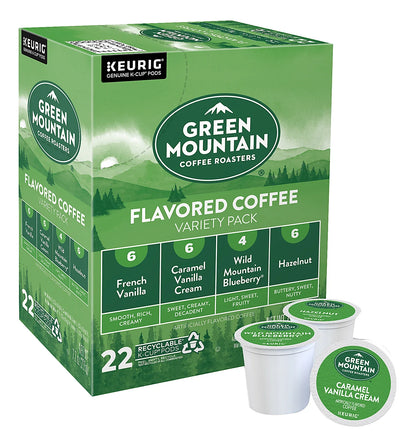 KupofK Coffee Green Mountain flavored variety coffee K-Cups in a box, showcasing colorful packaging and individual coffee pods.