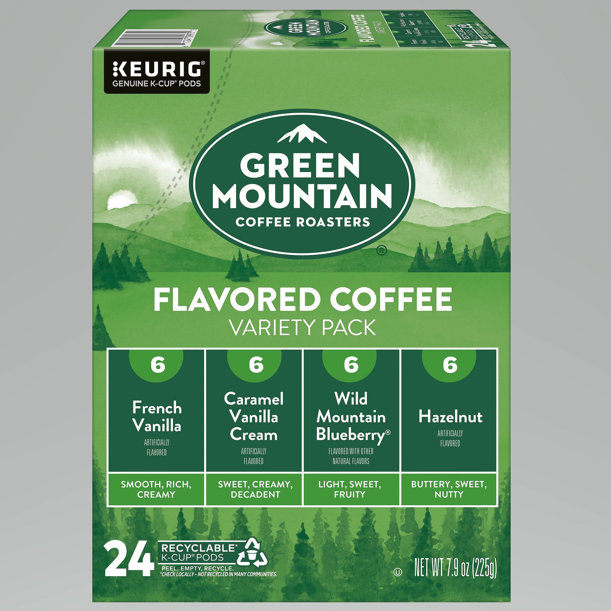KupofK Coffee Green Mountain flavored variety coffee K-Cups in a box, perfect for Keurig coffee makers, colorful packaging.