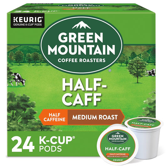 Green Mountain Half Calf K-cups by KupofK Coffee, 24-pack, ready for brewing, featuring fresh coffee capsules in green packaging.