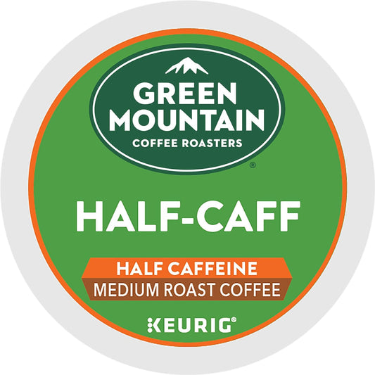 Green Mountain Half Calf K-cups by KupofK Coffee, single-serve coffee pods in a box, ideal for half-calf brew.